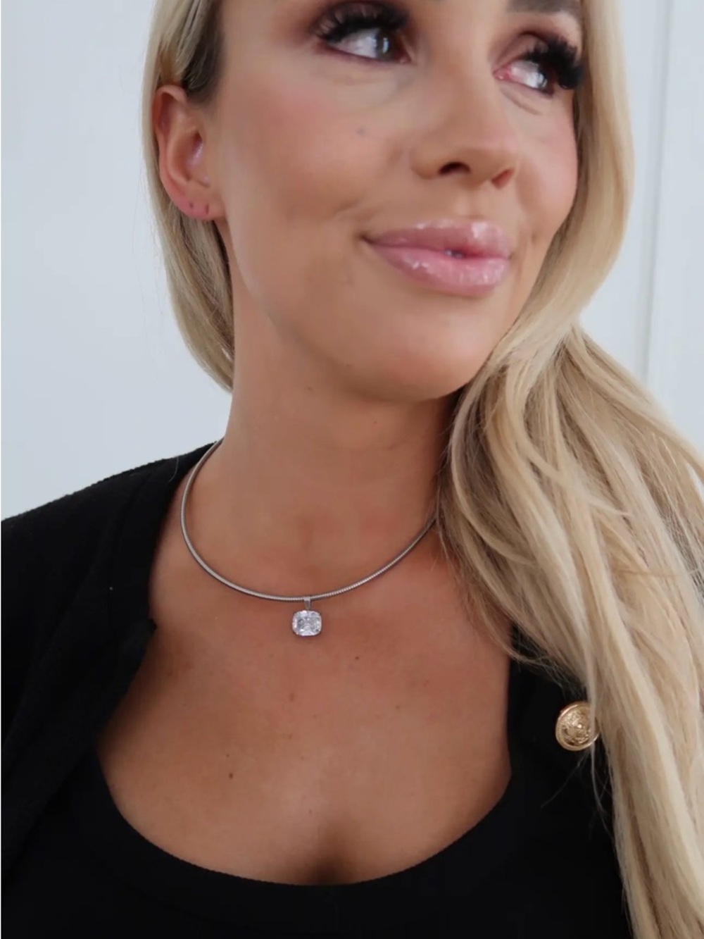 Silver Choker Necklace with Diamond Crystal Pendant Stainless Steel Waterproof